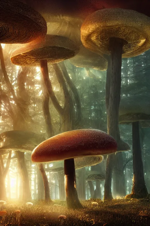 Prompt: A mushroom forest with monsters roaming around beautiful lighting during golden hour. 28mm, f/1.8, Realistic details. Ultra HD. 8K V-ray. Octane Render. Unreal Engine 5. Professionally colour graded. Concept art. Vibrant colours. fog