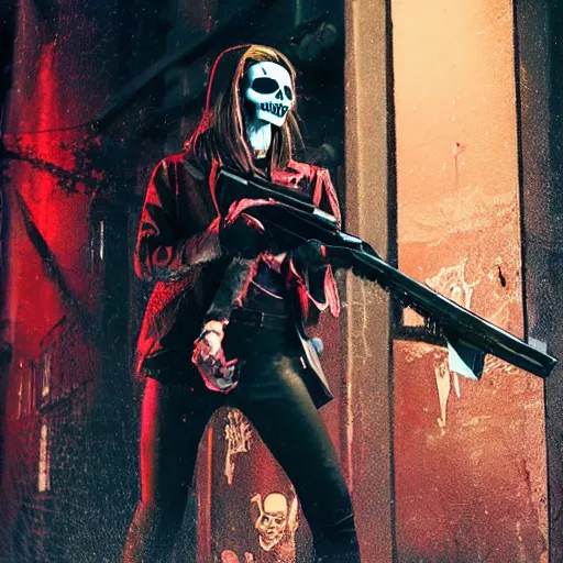 Image similar to emale Samara Weaving with skull face paint, holding a shotgun,Tom Bagshaw, David Baldeon, Rafael Albuquerque comic art, in an action pose, in an alleyway during The Purge, night time dark with neon colors, fires, horror, Tom Bagshaw, David Baldeon, Rafael Albuquerque comic art