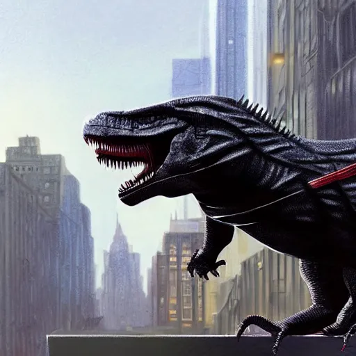 Prompt: Ninja T-rex with cute eyes is dressed in black ninja cloths and is standing on a top of a building in New York watching over the city, highly detailed, digital painting, trending on artstation, concept art, sharp focus, illustration, art by pixar and goro fujita and artgerm and greg rutkowski