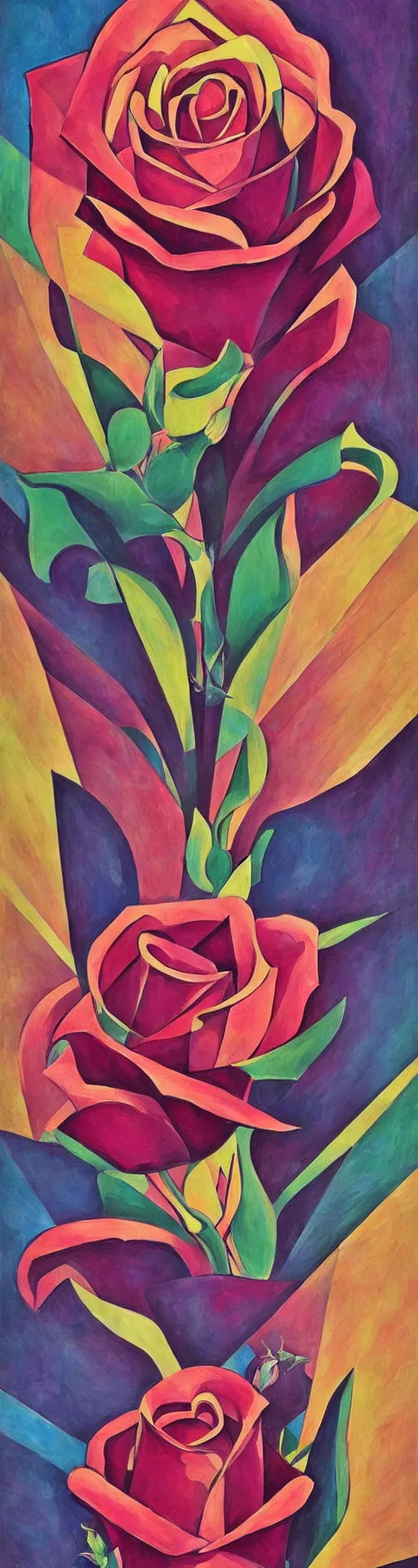 Image similar to an art deco painting of a rose, by joseph stella, synthwave, behance contest winner, crystal cubism, digital illustration