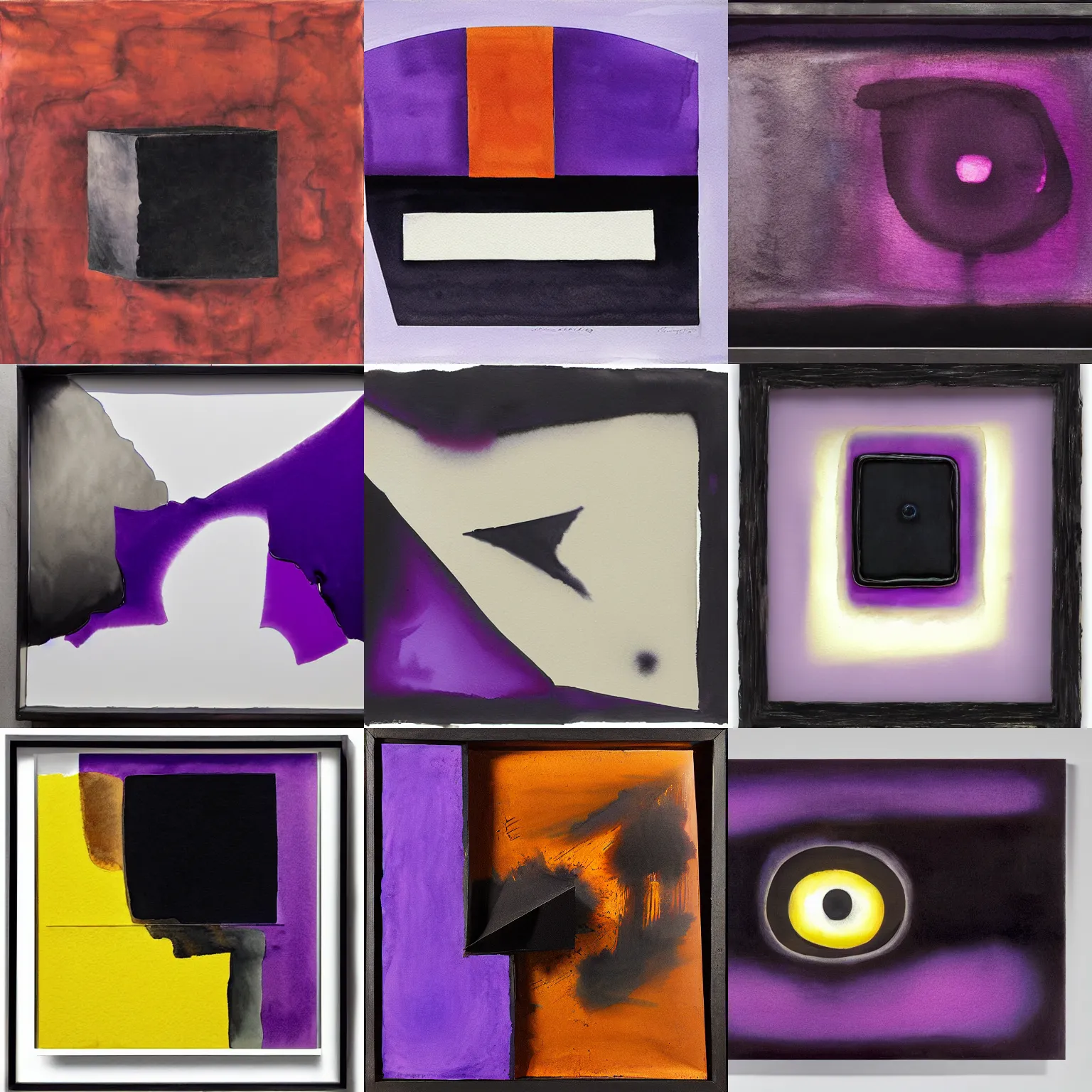 Prompt: a watercolour pen light of a black box with an eye, vivid, painterly, ethereal, chiaroscuro, thick brushstrokes, ominous by alberto burri, tachisme, purple, black, iridescence