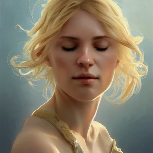 Prompt: A pregnant blond lady with closed eyes smiling, very detailed sharp angular masculine face, hooked nose and square jaw long fluffy curly blond hair, light blond hair, gorgeous, beautiful, intricate, highly detailed, digital painting, artstation, concept art, sharp focus, illustration, art by greg rutkowski and alphonse mucha