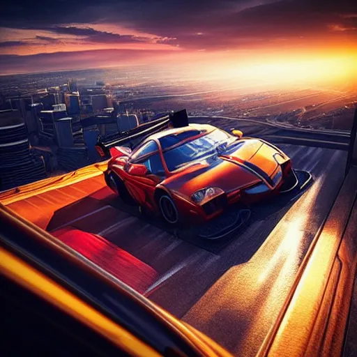 Prompt: “a beautiful car racing in the clouds during sunset above a city from a breathtaking angle, 4k, rays of light, particles light, artstation”