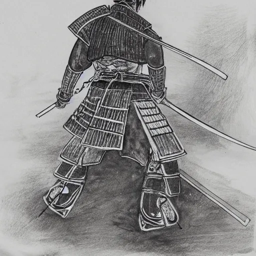 Image similar to A FULL BODY PORTRAIT FROM BEHIND OF A SAMURAI WITH A KATANA AND A CHAIN , ink style , sketch