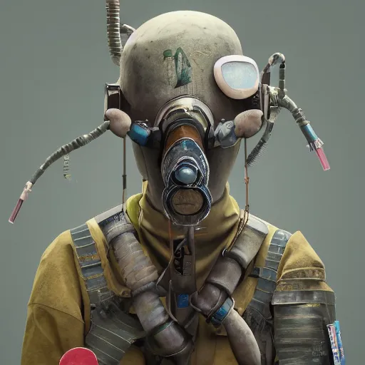 Image similar to japanese solarpunk pacifist in an art gallery with extremely detailed respirators and head gear, inspired by die antwoord beautiful, hand painted textures, cloth physics, deviantart, karol bak, masamune shirow, beautiful kawaii lighting, photorealistic, concept art, perfect render, 3 d render, pixar, 8 k