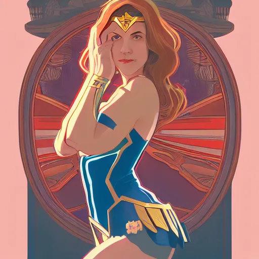 Prompt: Meg Ryan as Wonder Woman, ambient lighting, 4k, alphonse mucha, lois van baarle, ilya kuvshinov, rossdraws, artstation