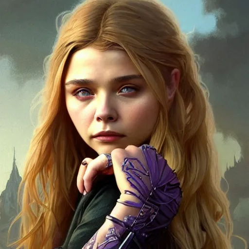 Image similar to Beautiful Chloë Grace Moretz as Bat Girl, western, D&D, fantasy, intricate, elegant, highly detailed, digital painting, artstation, concept art, matte, sharp focus, illustration, art by Artgerm and Greg Rutkowski and Alphonse Mucha