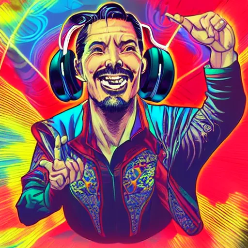 Image similar to artgerm, psychedelic laughing cybertronic dr. strange, rocking out, headphones dj rave, digital artwork, r. crumb, svg vector