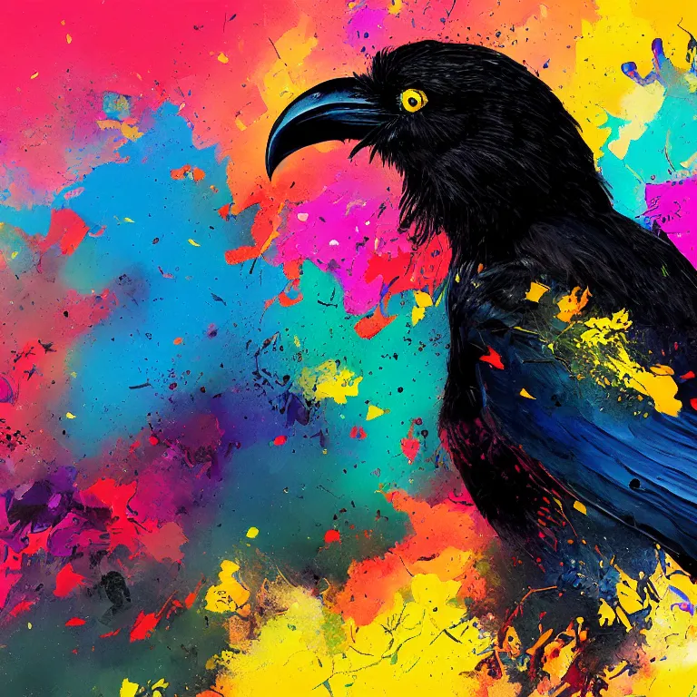 Image similar to colorful illustration of black raven bird, colorful splatters, by andy wrahol and zac retz and kezie demessance