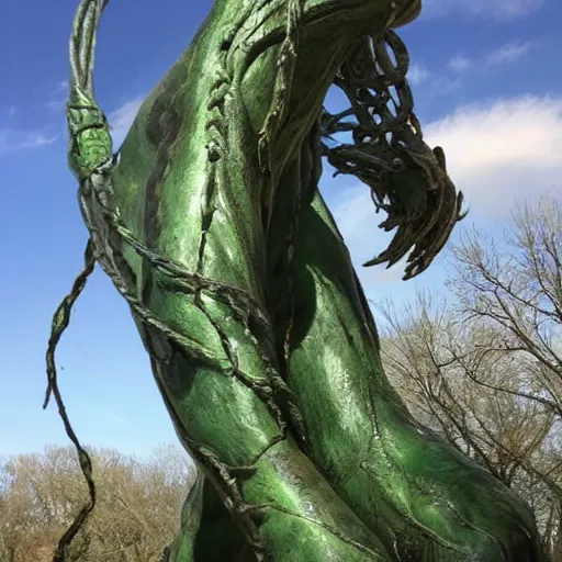 Image similar to A beautiful sculpture of a large, looming creature with a long, snake-like body. The creature has many large, sharp teeth, and its eyes glow a eerie green. It is wrapped around a large tree, which is bent and broken under the creature's weight. There is a small figure in the foreground, clutching a sword, which is dwarfed by the size of the creature. dark violet, octane 3d by Janine Antoni, by Arthur Hughes neat, playful