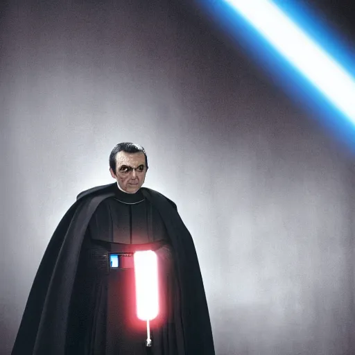 Prompt: mr. bean as darth sidious in star wars, film still, cinematic lighting, highly detailed