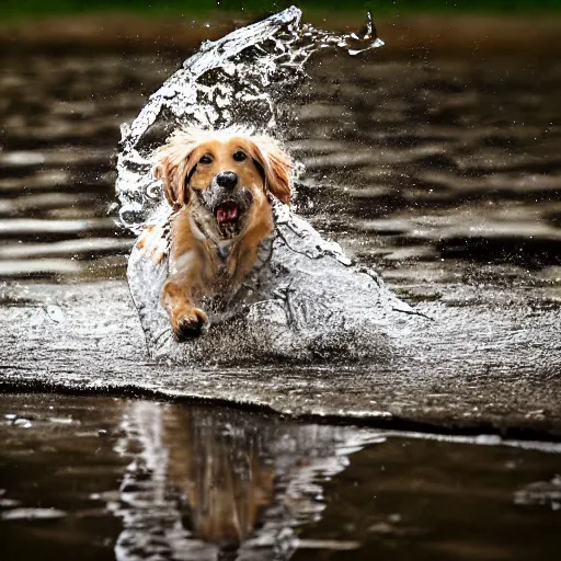 Prompt: Photorealistic photograph of a dog splashing in a puddle, photorealism, photorealistic, realism, real, highly detailed, ultra detailed, detailed, shutter speed 1/1000, 60mm Focal Length, Canon EOS 90D, Optical Camera, Wildlife Photographer of the Year, Pulitzer Prize for Photography, 8k