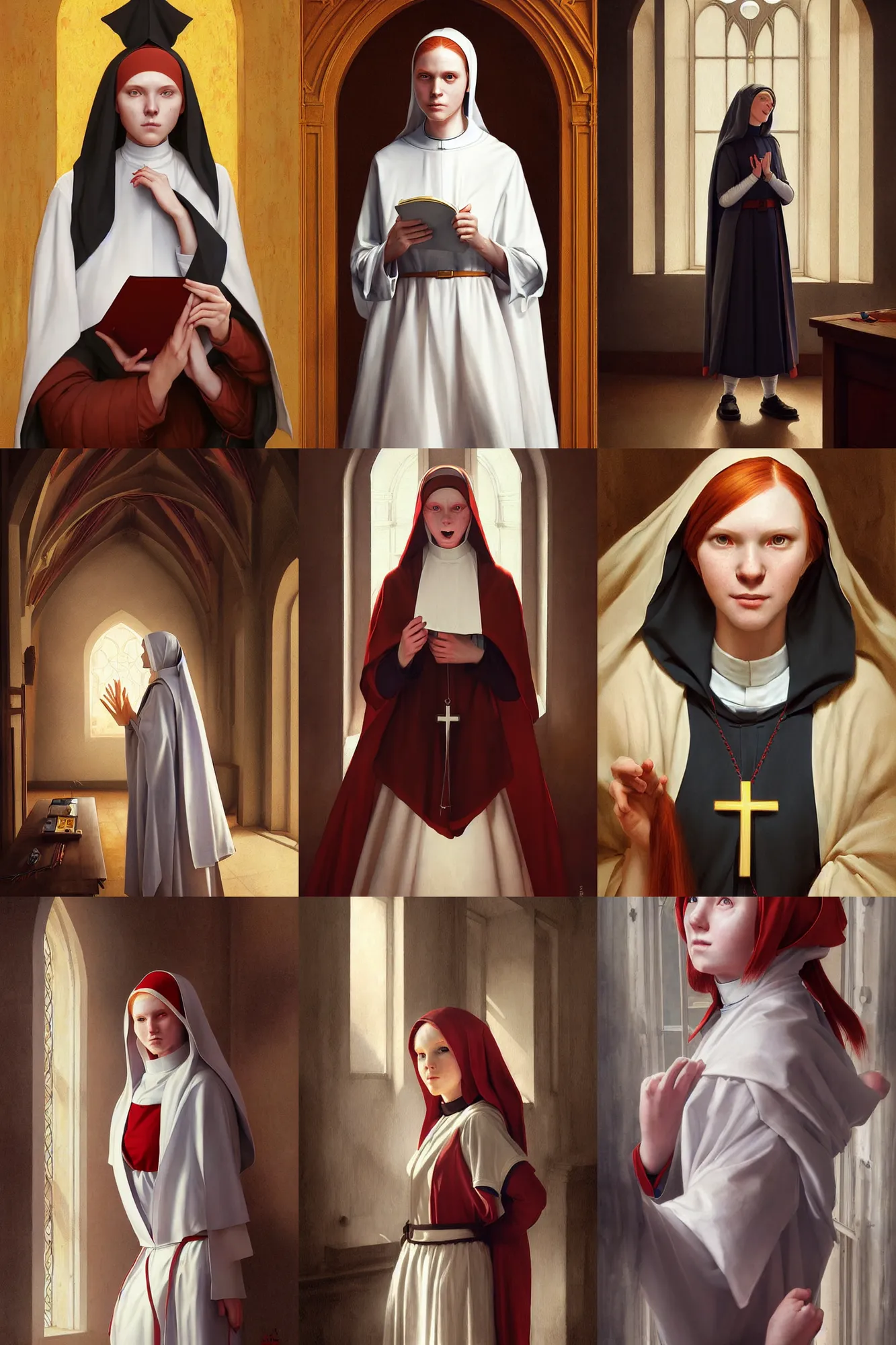 Prompt: a portrait of the daily life of a beaming young provocative redhead nun inside a convent. highly detailed painting. art by artgerm and greg rutkowski