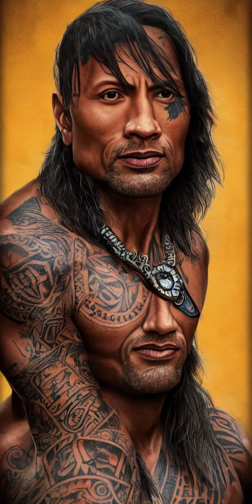 Prompt: Portrait of Dwayne Johnson with Indian tattoos and wearing Indian Apache outfit, realistic, digital art, smooth, trending on Artstation, 8k.