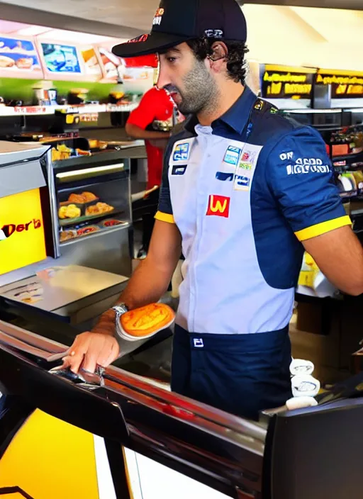 Image similar to photo of f 1 driver, daniel ricciardo, working as a cashier at mcdonalds