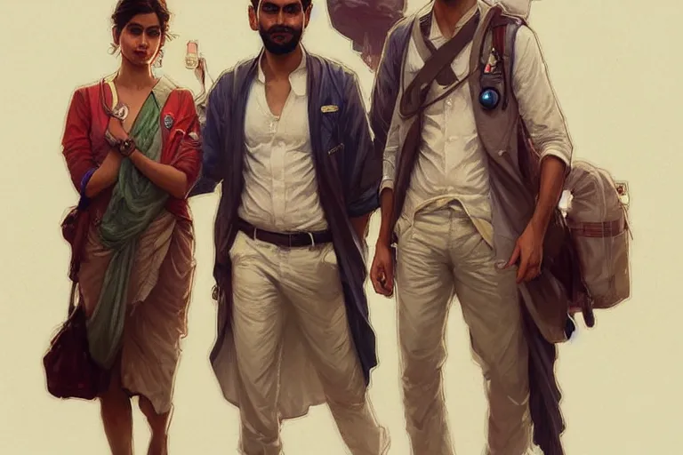 Image similar to Anxious good looking pale young Indian doctors wearing American clothes at the airport, portrait, elegant, intricate, digital painting, artstation, concept art, smooth, sharp focus, illustration, art by artgerm and greg rutkowski and alphonse mucha