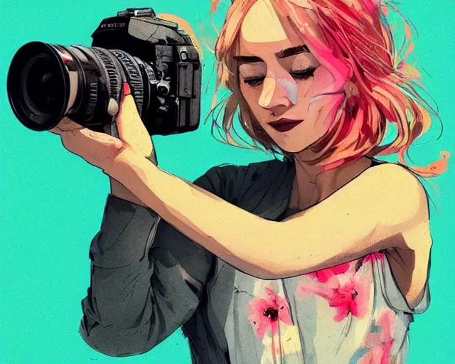 Image similar to pale young woman with bright blonde hair, freckles, gray eyes and a wide face, flowery dress, she is holding a professional dslr camera close to her face with one hand, dramatic lighting, bright flare, expressive, surrealist art by conrad roset