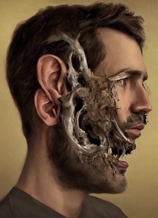 Prompt: a profile portrait of a man ( ( resembling justin trudeau ) ) with a opening hole into skull showing the cranial cavity showing cobwebs, dust and rats, digital art, highly detailed, by alyssa monks and charlie bowater