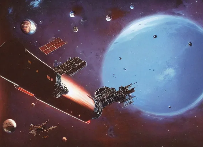 Image similar to abandoned space station drifting in deep space, cinematic matte painting, peter elson, chris foss, terran trade authority