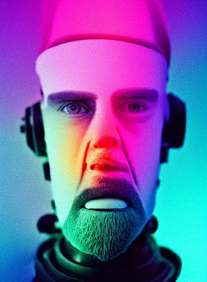 Prompt: high quality pastel coloured film close up photograph of a handsome cyborg in an icelandic black rock!! environment in a dreamstate black rock world. three point light, rainbow. photographic production. art directed. pastel colours. volumetric light. pastel gradient overlay. waves glitch artefacts. extreme facial silliness. 8 k. filmic.