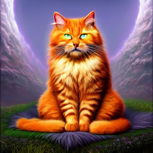 Image similar to colossal fluffy cat, by alex grey, fantasy, vivid colors, sharp focus, digital art, hyper - realistic, 4 k, unreal engine, highly detailed, hd, dramatic lighting by brom, trending on artstation