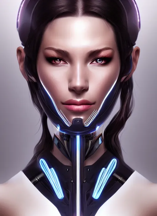 Image similar to portrait of a cyborg woman by Artgerm, (((((face turns left))))) (((((((face turns right))))))), eyes closed , biomechanical, hyper detailled, trending on artstation