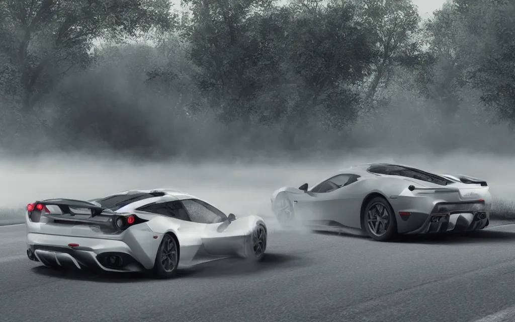 Image similar to a car going over seven thousand rmp, ford vs ferrari, atmospheric, mist, epic, photorealistic, realistic, rule of thirds, extremely detailed, 4 k, 8 k, unreal engine 5 render, rim lighting, rtx, ray traced lighting, shot on 3 5 mm, film grain, looking through a window frame