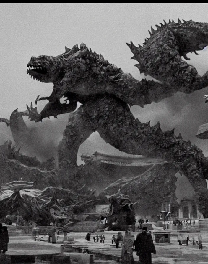 Prompt: a filmstill of a north korean monster movie, kaiju - eiga monster with starfish - arms trampling a traditional korean palace, foggy, film noir, epic battle, etheral, explosions, communist propaganda, communist epic thriller, by kim jong - il and akira kurosawa and tim burton, video compression