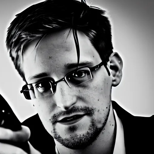 Prompt: edward snowden holding a gun, 4k photograph, low angle, wide shot, fast shutter speed, backlighting, in the style of james bond and sherlock holmes