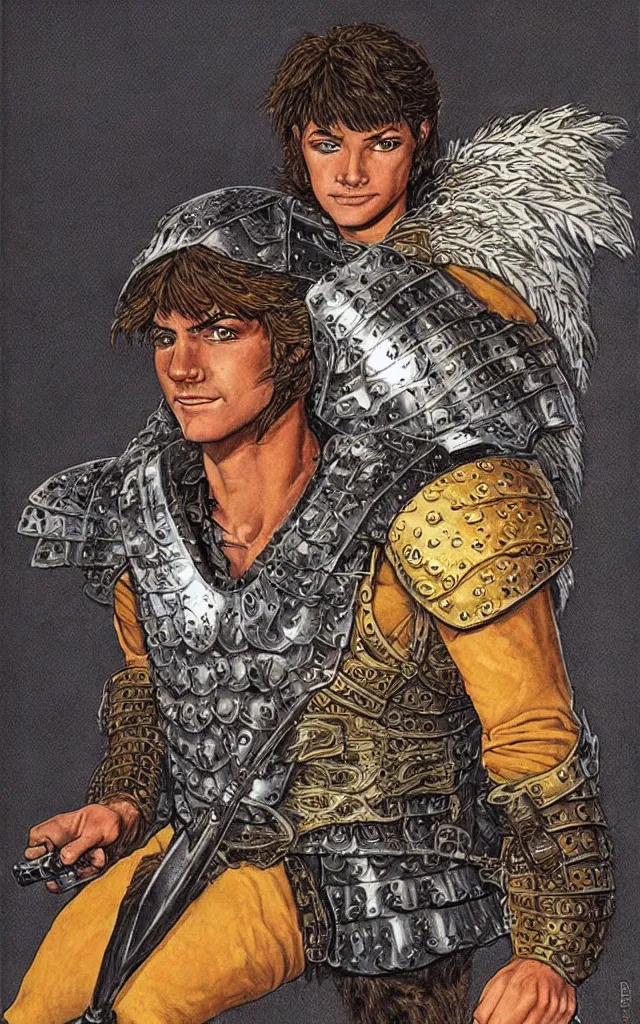 Prompt: portrait of a dnd character, a human fighter wearing armour made out of griffin feathers, by larry elmore
