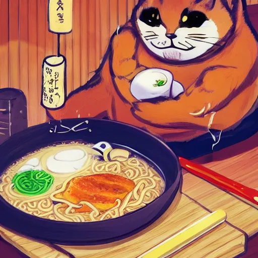 Image similar to fat cat eating ramen noodles on toast, japanese art artstation trending