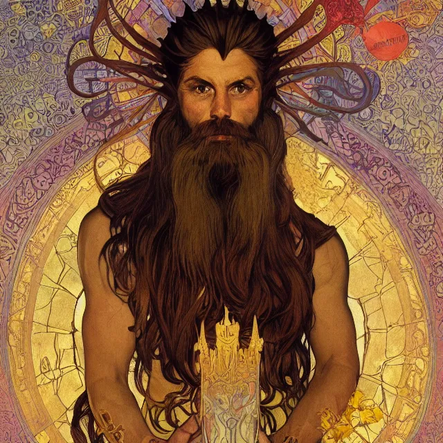 Prompt: an aesthetic! a detailed portrait of a man in a long beard, with a crown, holding a lantern with mountains of gold in the background, surrounded by his family, by frank frazetta and alphonse mucha, oil on canvas, art nouveau dungeons and dragons fantasy art, hd, god rays, ray tracing, crisp contour lines, huhd