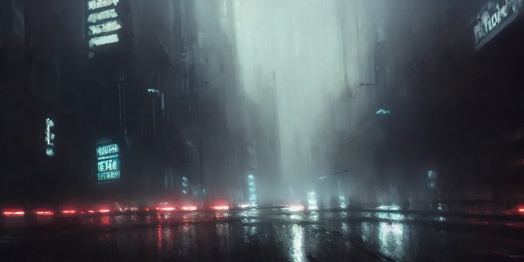 Prompt: beautiful painting by jeremy mann, cyberpunk street, still from blade runner movie, desaturated, oil painting, perfect composition, detailed octane render trending on artstation, misty, volumetric fog, ominous, unsettling, 8 k artistic photography, volumetric cinematic perfect light