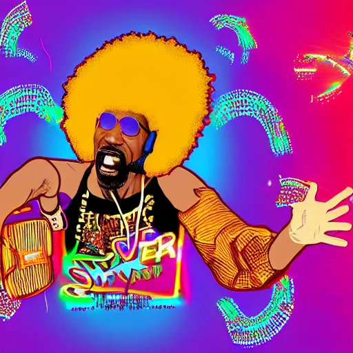 Image similar to svg sticker of a Dancing-Ben-Harper-Snoop-Spike-Lee-with-a-large-Afro-Puff, at a rave, spinning records, giant headphones rocking out, wearing headphones, huge speakers, dancing, rave, DJ, spinning records, digital art, amazing composition, rule-of-thirds, award-winning, trending on artstation, featured on deviantart