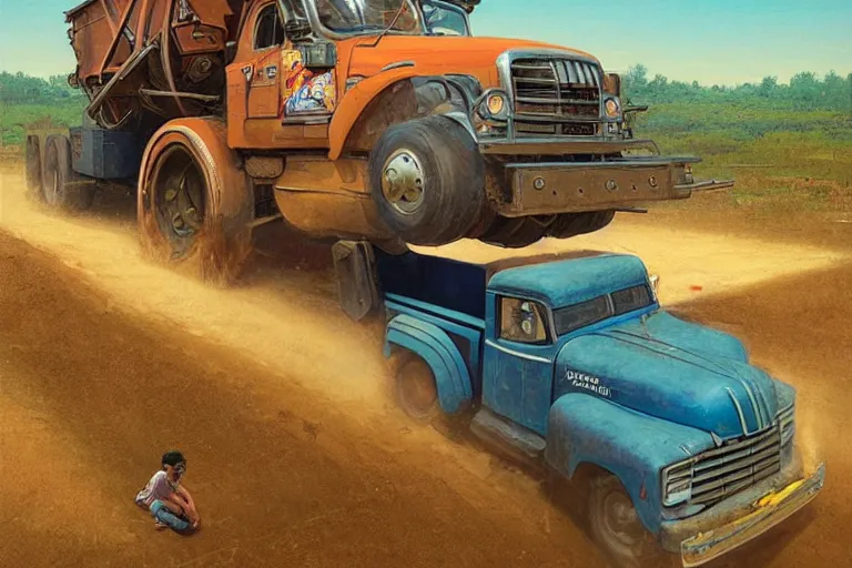 Prompt: cover art, poster of a boy driving a truck that is dumping dirt in a backyard, by bruce pennington, and tim hildebrandt and greg rutkowski and artgerm