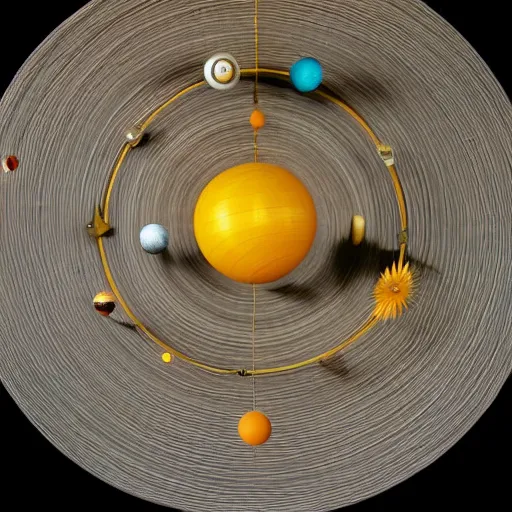 Image similar to a kinetic sculpture of this solar system, sun, orrery, canon 5 d 5 0 mm lens, papier - mache, studio, circa 3 0 6 0