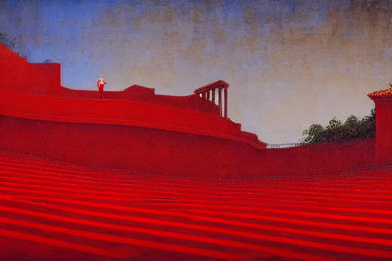 Image similar to only with red, a red great emperor, taormina amphitheatre, crowd with big smile, in the style of beksinski, parts by edward hopper, parts by rodcenko, parts by yue minjun, intricate and epic composition, red by caravaggio, insanely quality, highly detailed, masterpiece, red light, artstation, 4 k