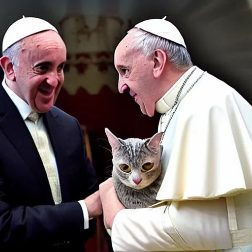 Prompt: Pope Francis holdingh a alien cat