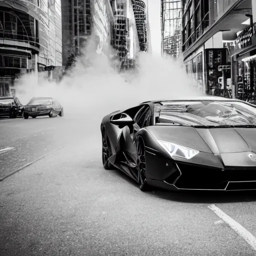 Image similar to black and white press photograph of a man in a suit pushing a lamborghini that is out of gas on a busy city street, sideview, detailed, natural light, mist, film grain, soft vignette, sigma 5 0 mm f / 1. 4 1 / 1 0 sec shutter, imax 7 0 mm footage