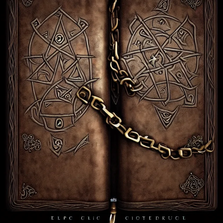 Prompt: epic professional digital art of an ancient leather-bound spellbook with heavy metal chains and clasps inscribed with runes, best on artstation, cgsociety, wlop, cosmic, epic, stunning, gorgeous, masterpiece