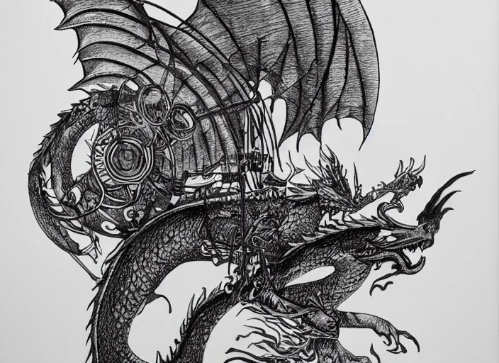 Image similar to modern pen and ink drawing, dragon with apparatus strapped to it, steam punk apparatus, ink on white background, clean lines, really clear, Olivia Kemp, julia Hill