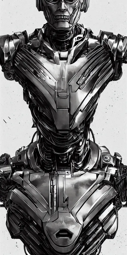 Image similar to portrait of willem dafoe as tinman, cyborg, borg, android, strogg, face of a man, body of a robot, droid, robocop, cable, victor stone, ultron, terminator, machine, flesh, quake, doom demon, wolfenstein, monster, symmetry, symmetrical, concept art by ruan jia and greg rutkowski