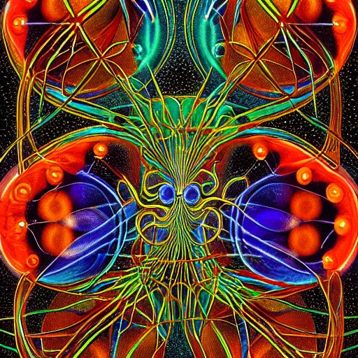 Image similar to quantum connections represented as symbiotic organisms like cells playing around with colorful lights by ernst haeckel