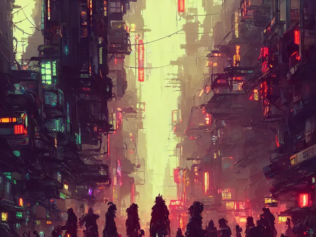 Image similar to concept art of a cramped cyberpunk street filled with people during obon festival, grimy, gritty, blade runner 2 0 4 9, trending on artstation, award winning painting, cgi, art by john berkey and anton fadeev and john howe and simon stalenhag and greg rutkowski