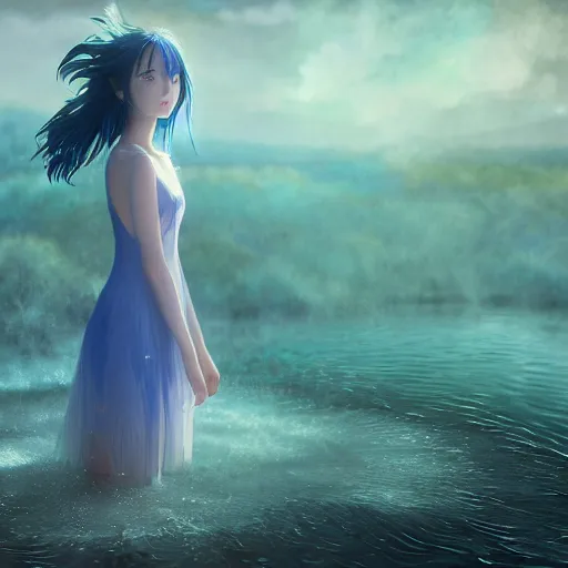 Image similar to advanced digital portrait painting photograph, a very beautiful anime girl wearing a dress made of water standing in a crystal lake turning into mist , full body, very long black hair, azure blue watery eyes, full round face, cinematic lighting, MCU, mid-shot, highly detailed, trending on artstation, Unreal Engine 4k, Stanley Artgerm Lau, WLOP, Rossdraws, James Jean, Andrei Riabovitchev, Marc Simonetti, and Sakimichan