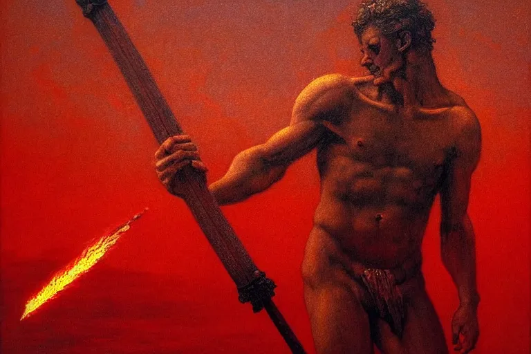 Image similar to only with red, a red melted apollo with a laurel wreath and a flaming sword announce the win, athens in the background, pathos, in the style of beksinski, part by hopper, part by rodcenko, part by hofbauer, intricate composition, red by caravaggio, insanely quality, highly detailed, masterpiece, red light, artstation, 4 k