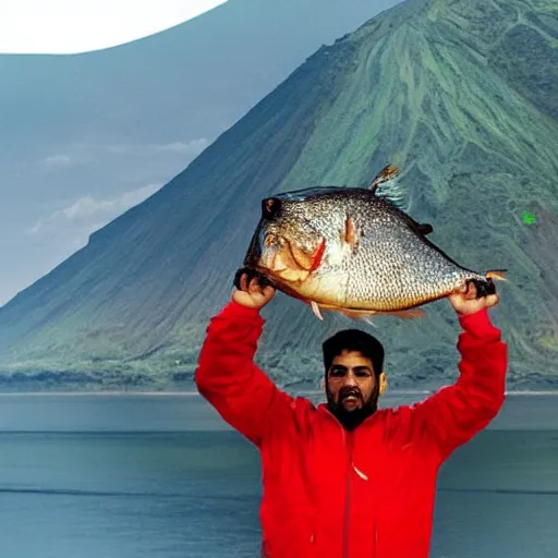 Image similar to a person holding a large fish over his head in a volcano