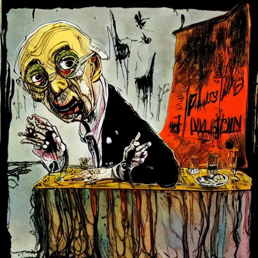 Image similar to faustian bargain, art by ralph steadman