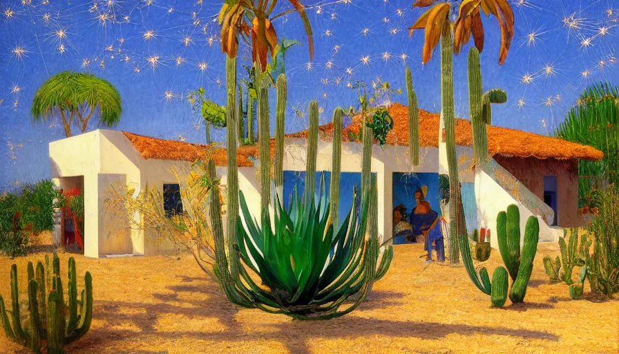 Prompt: a 1 9 9 8 brazilian nordeste house designed by jules bastien - lepage, tarsila do amaral, frank weston and gustave baumann, trending on artstation, mediterranean, star sparkle, cactus, sharp focus, colorful refracted sparkles and lines, soft light, 8 k 4 k