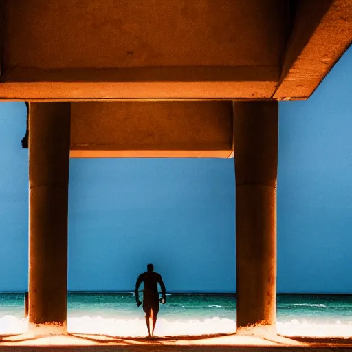 Prompt: a blurry photograph of a humanoid silhouette walking on the beach, taken from under a pier, pillars in the foreground, real, realistic, 4 k, photography